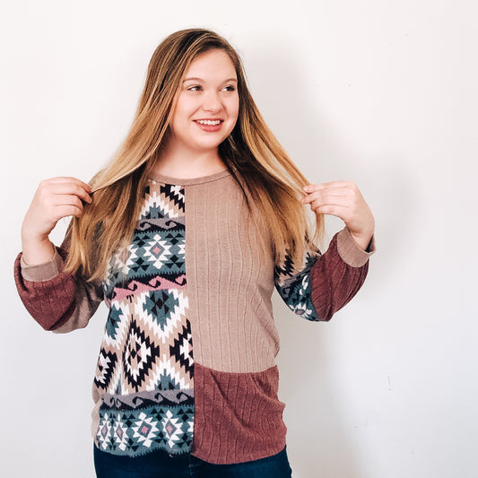 Long Sleeve Textured Aztec Top (Size Large)