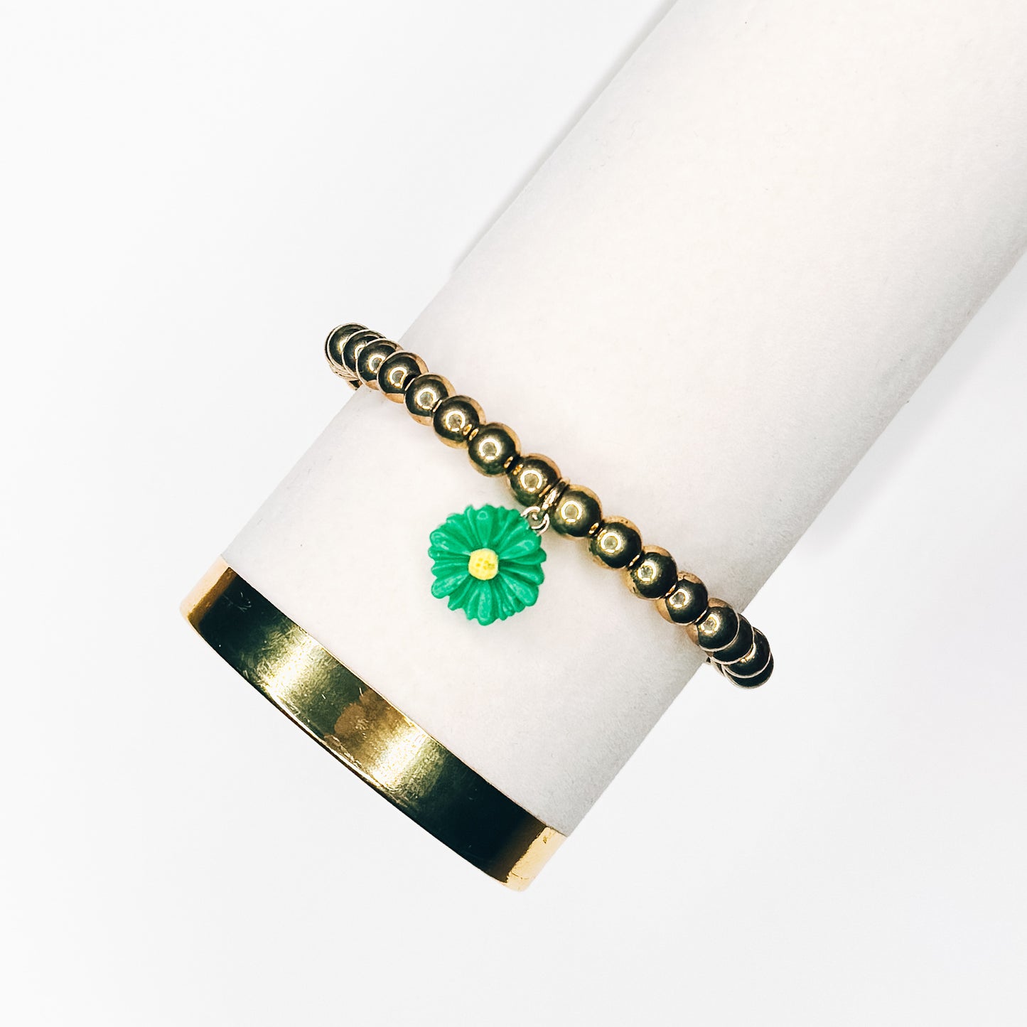 Green Flower Charm Gold Beaded Bracelet