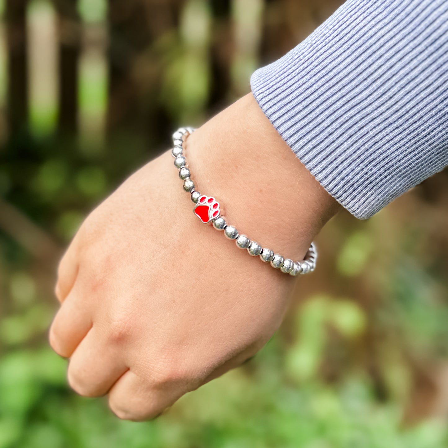 Red & Silver Paw Print Charm Bracelet