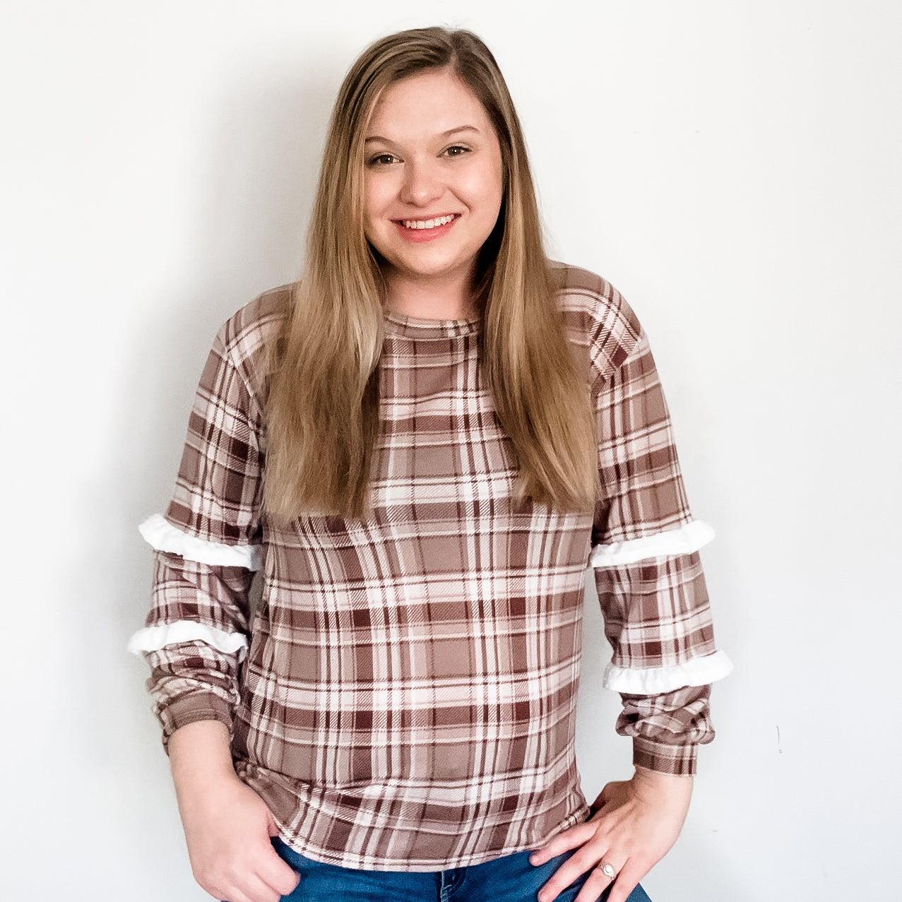 Brown Plaid Ruffle Sleeve Top (Size Small)