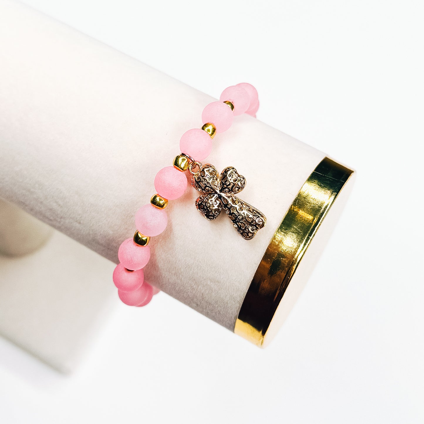 Pink & Gold Filigree Cross Charm Bracelet