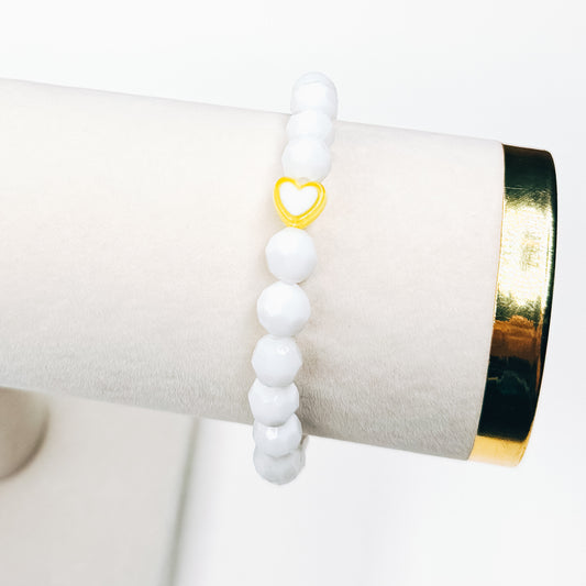 White Beaded Yellow Heart Charm Bracelet