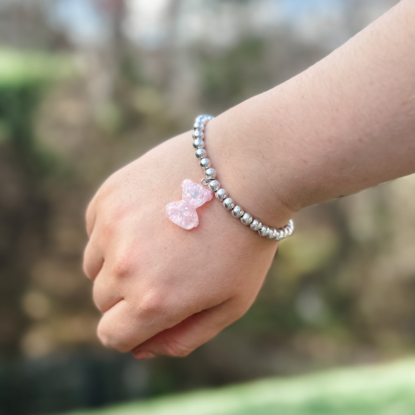 Pink & Silver Glitter Bear Charm Bracelet