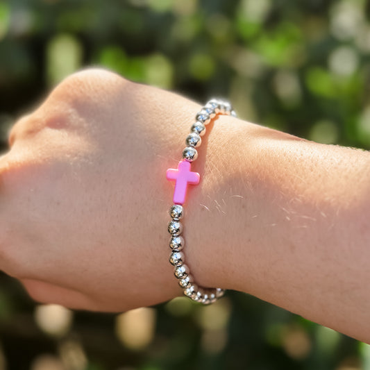 Pink Cross Silver Beaded Bracelet