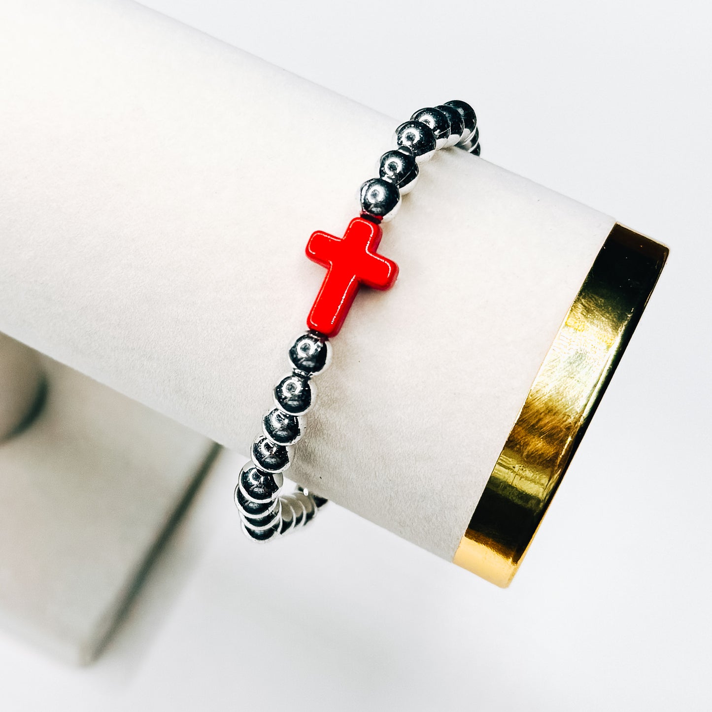 Red Cross Silver Beaded Bracelet