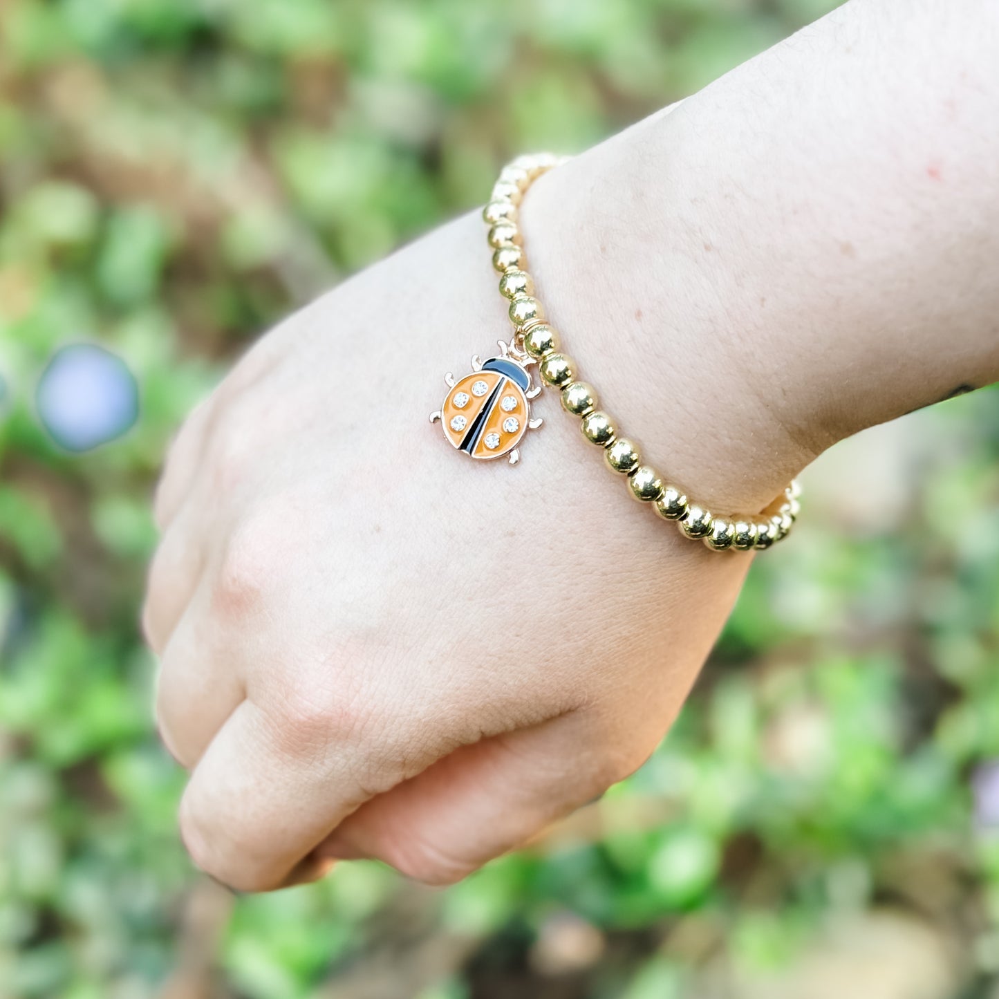 Orange & Gold Rhinestone Ladybug Charm Bracelet