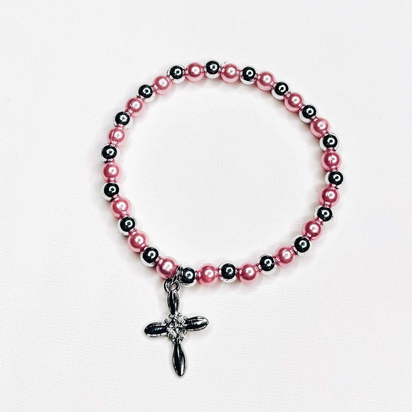 Silver & Pink Pearl Cross Charm Bracelet