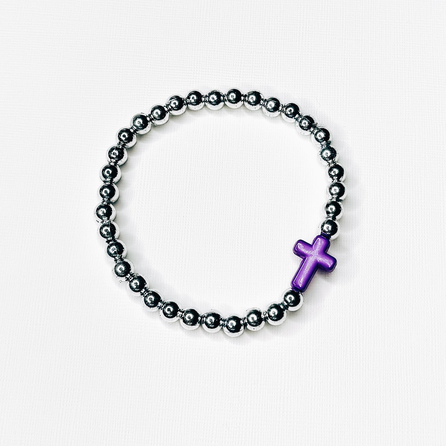 Purple Cross Silver Beaded Bracelet