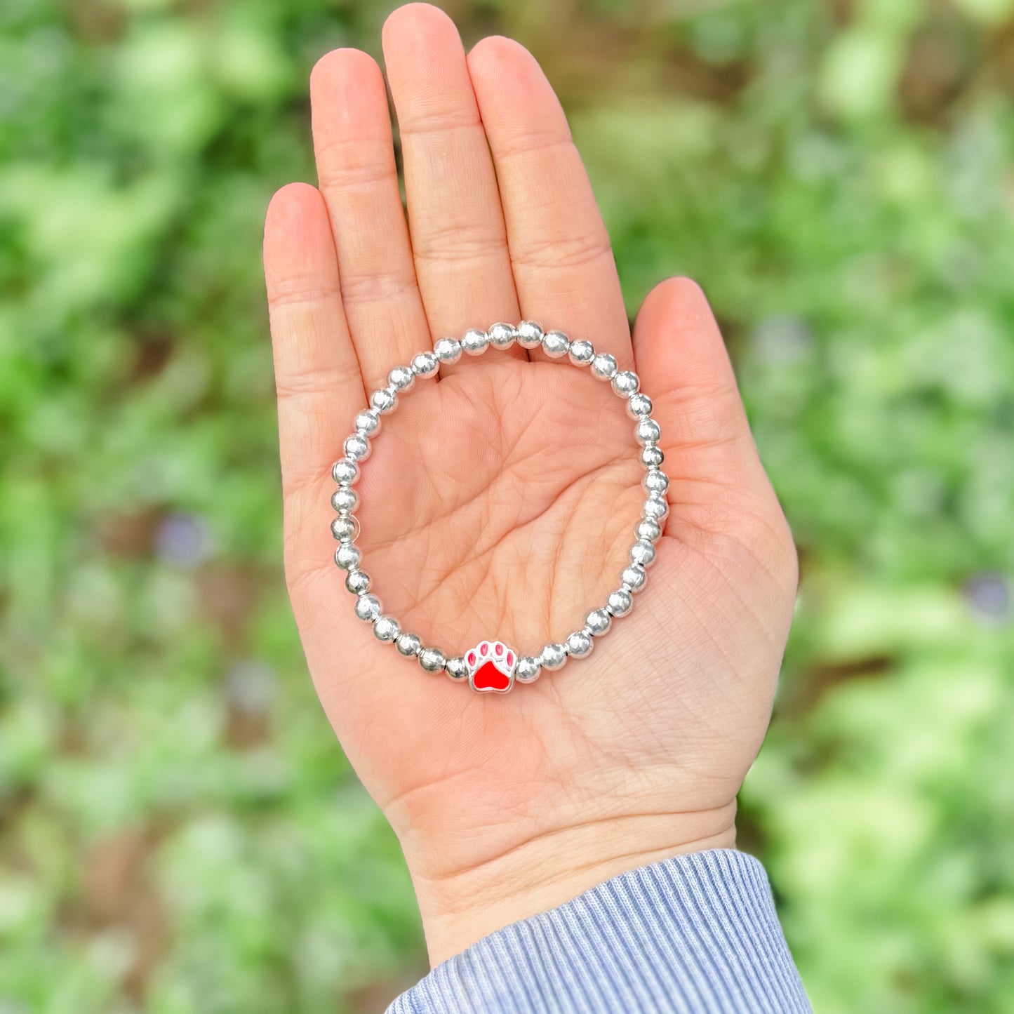 Red & Silver Paw Print Charm Bracelet