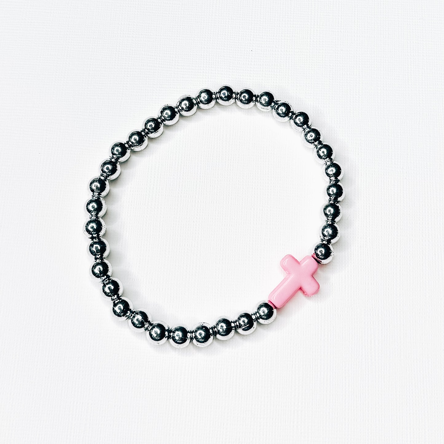 Pink Cross Silver Beaded Bracelet