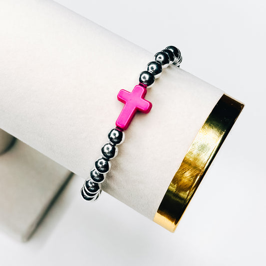 Hot Pink Cross Silver Beaded Bracelet