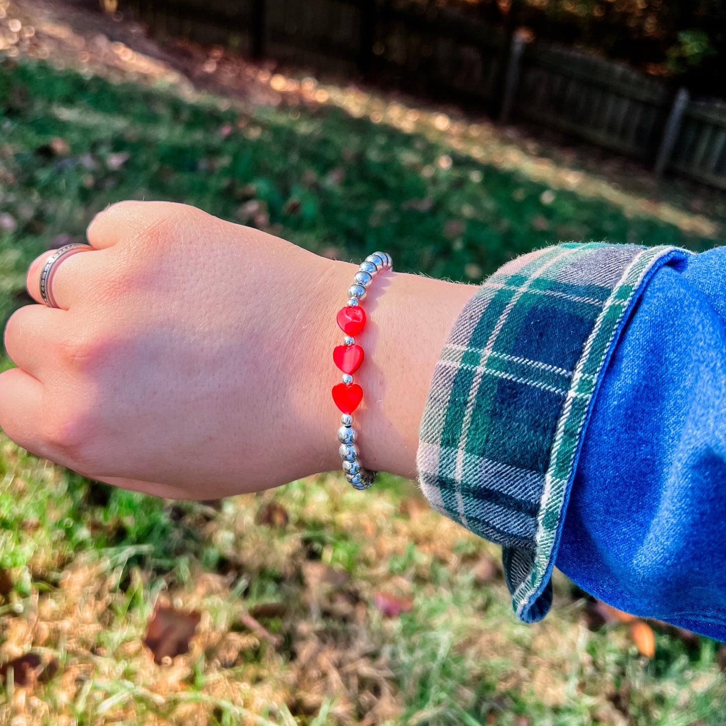 Silver Triple Red Stone Heart Bracelet