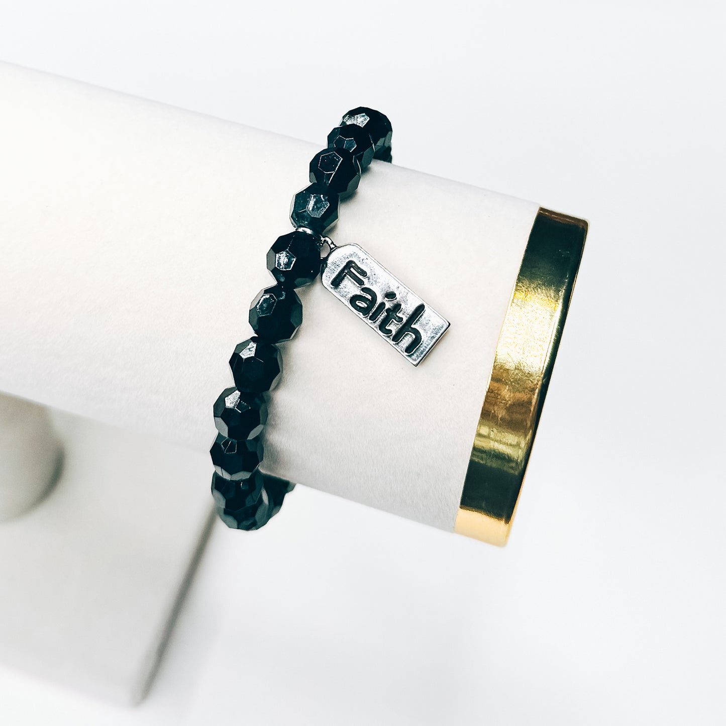 Faith Charm Black Beaded Bracelet