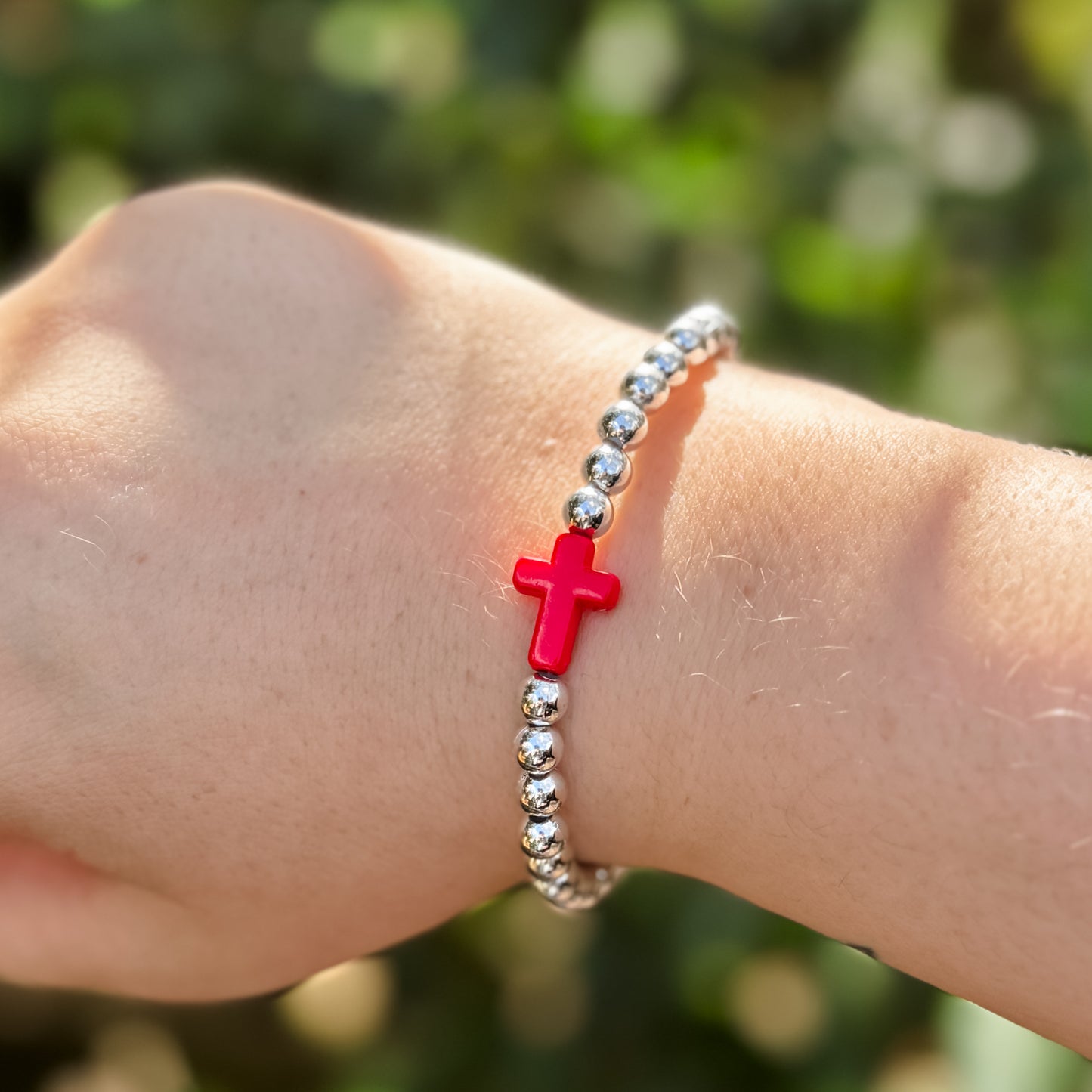 Red Cross Silver Beaded Bracelet