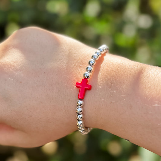 Red Cross Silver Beaded Bracelet