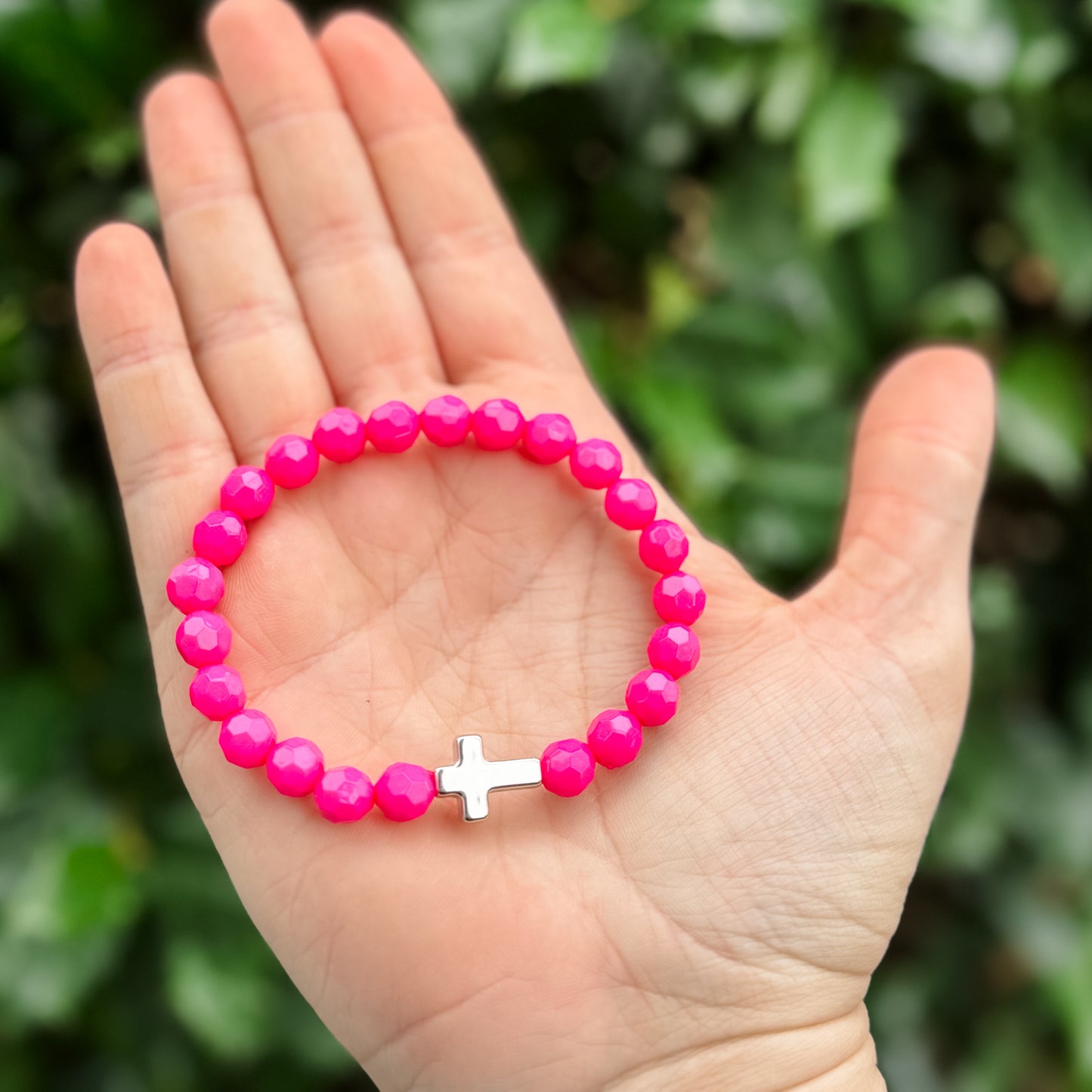 Hot Pink & Silver Cross Bracelet