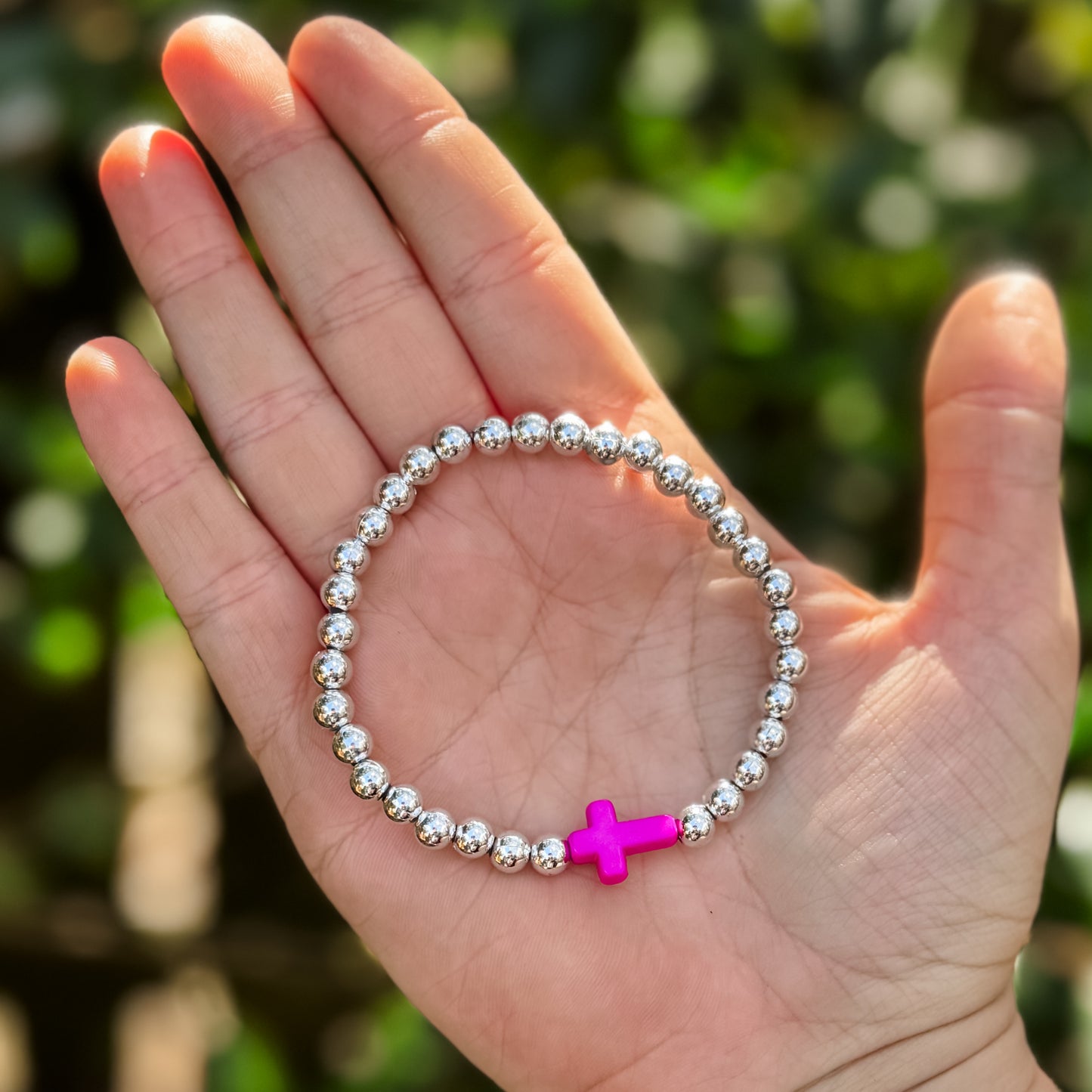 Hot Pink Cross Silver Beaded Bracelet