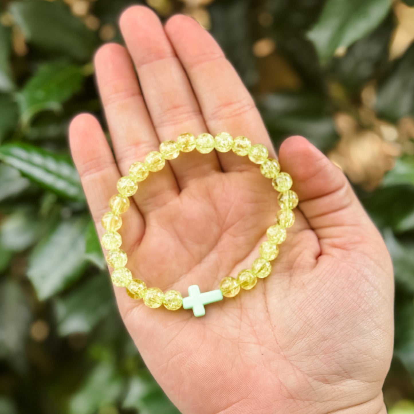 Green Crackle Beaded Cross Bracelet