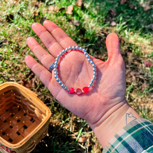 Silver Triple Red Stone Heart Bracelet