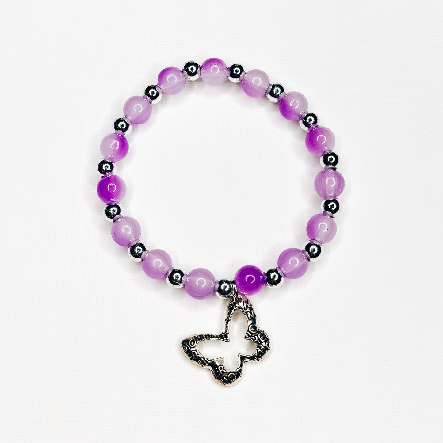 Silver & Purple Glass Beaded Mother Butterfly Charm Bracelet