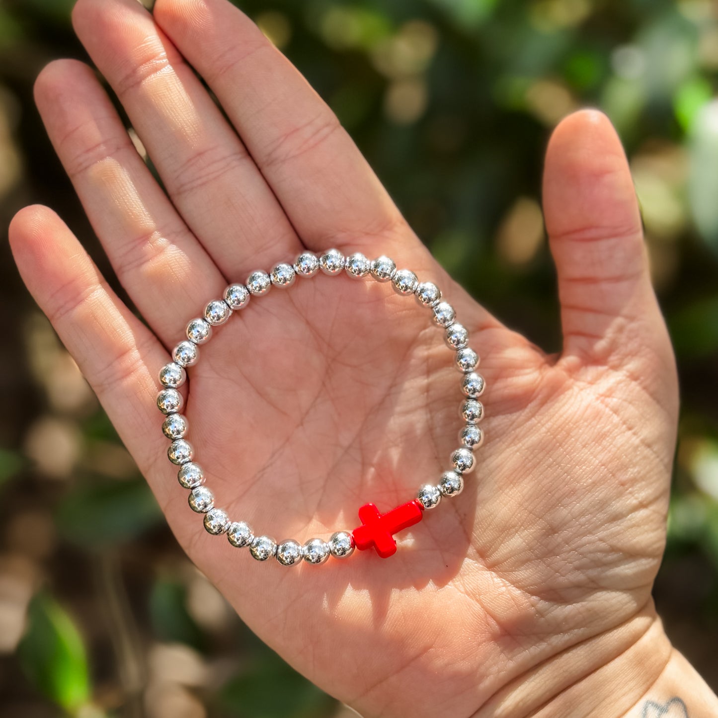 Red Cross Silver Beaded Bracelet