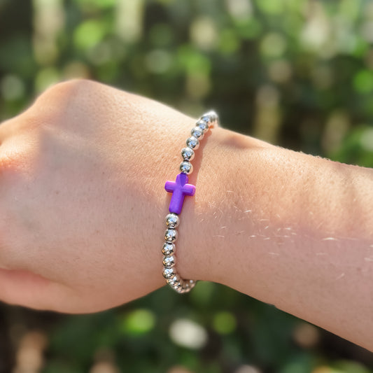 Purple Cross Silver Beaded Bracelet