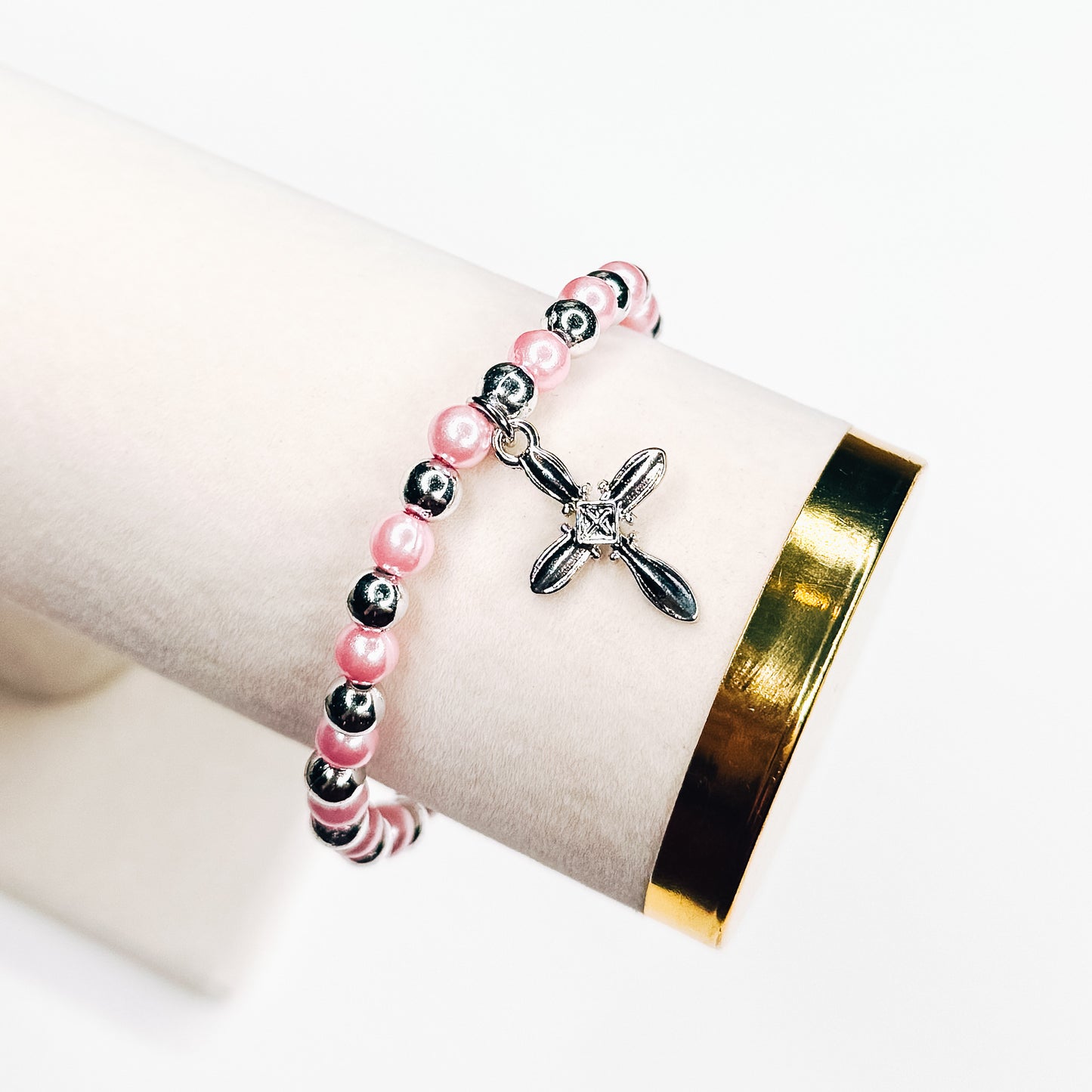 Silver & Pink Pearl Cross Charm Bracelet