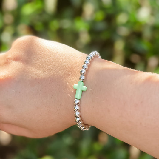 Green Cross Silver Beaded Bracelet