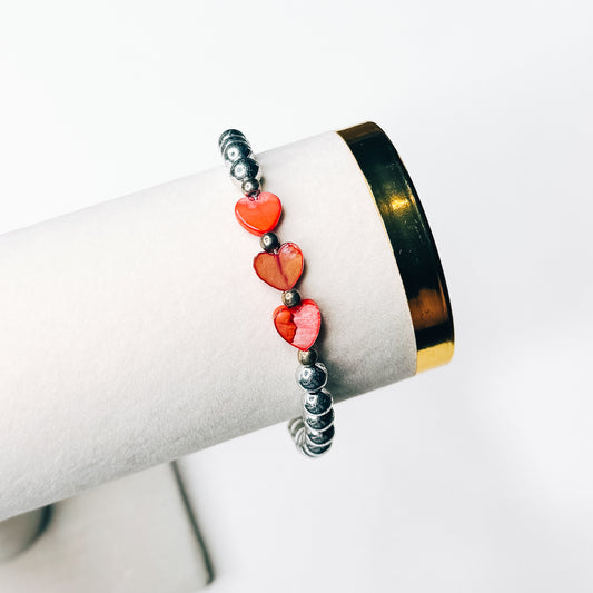 Silver Triple Red Stone Heart Bracelet