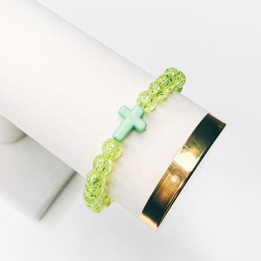 Green Crackle Beaded Cross Bracelet