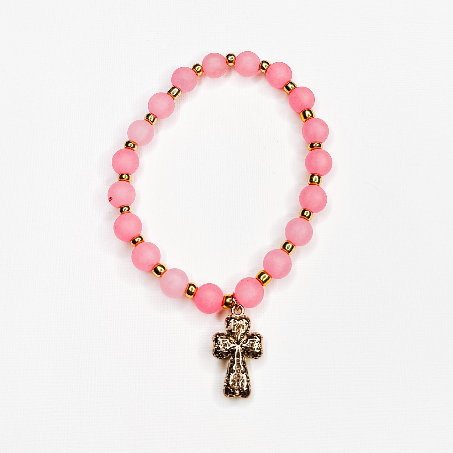 Pink & Gold Filigree Cross Charm Bracelet