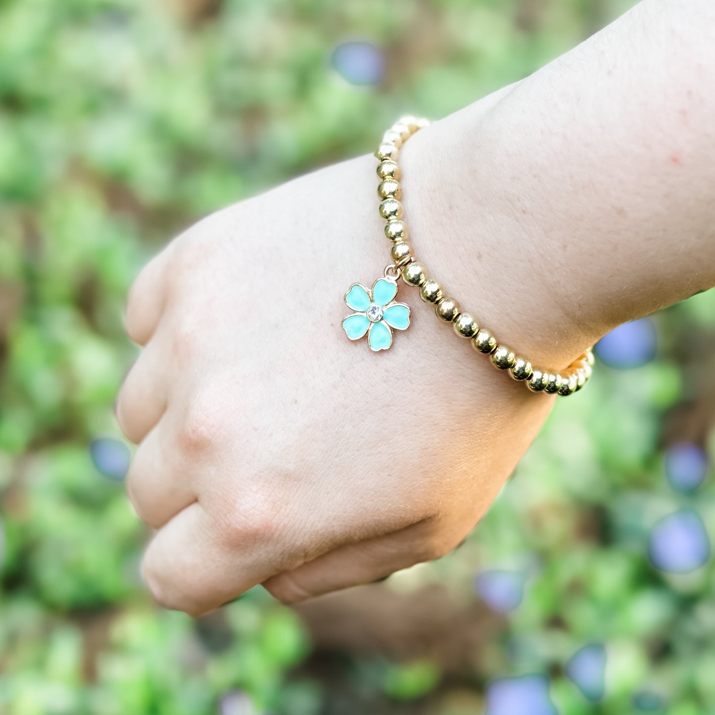 Mint & Gold Rhinestone Flower Charm Bracelet