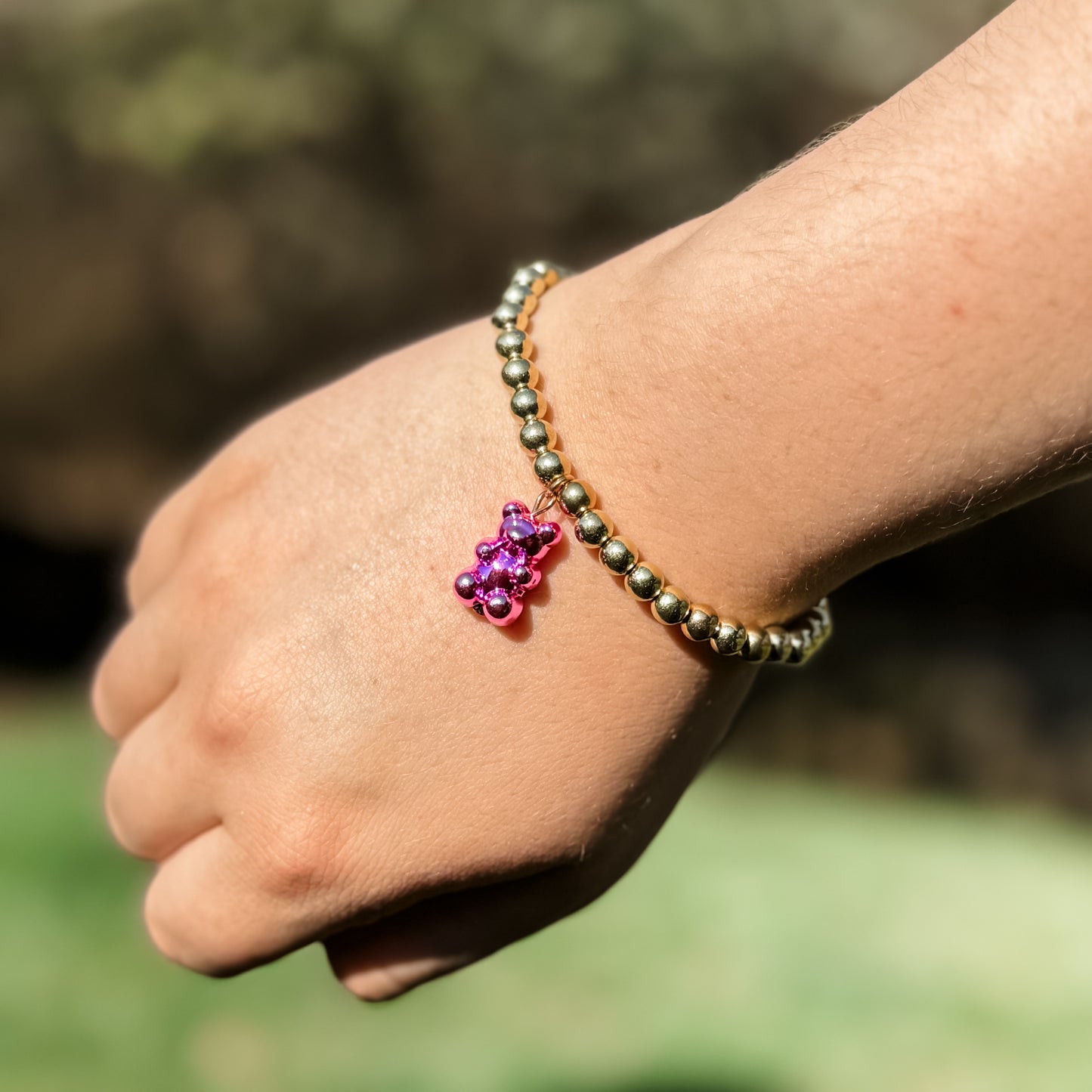 Gold & Hot Pink Gummy Bear Charm Bracelet