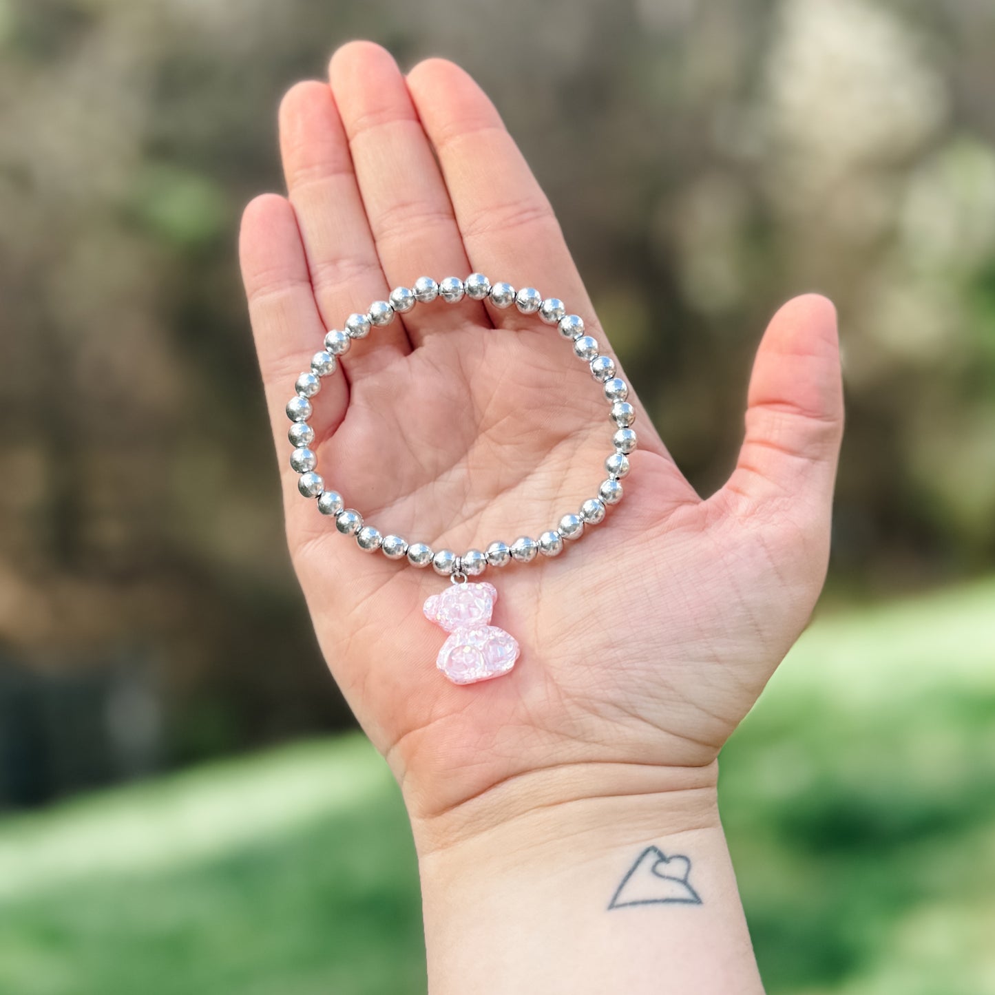 Pink & Silver Glitter Bear Charm Bracelet