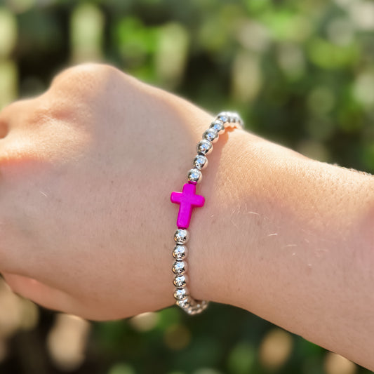 Hot Pink Cross Silver Beaded Bracelet