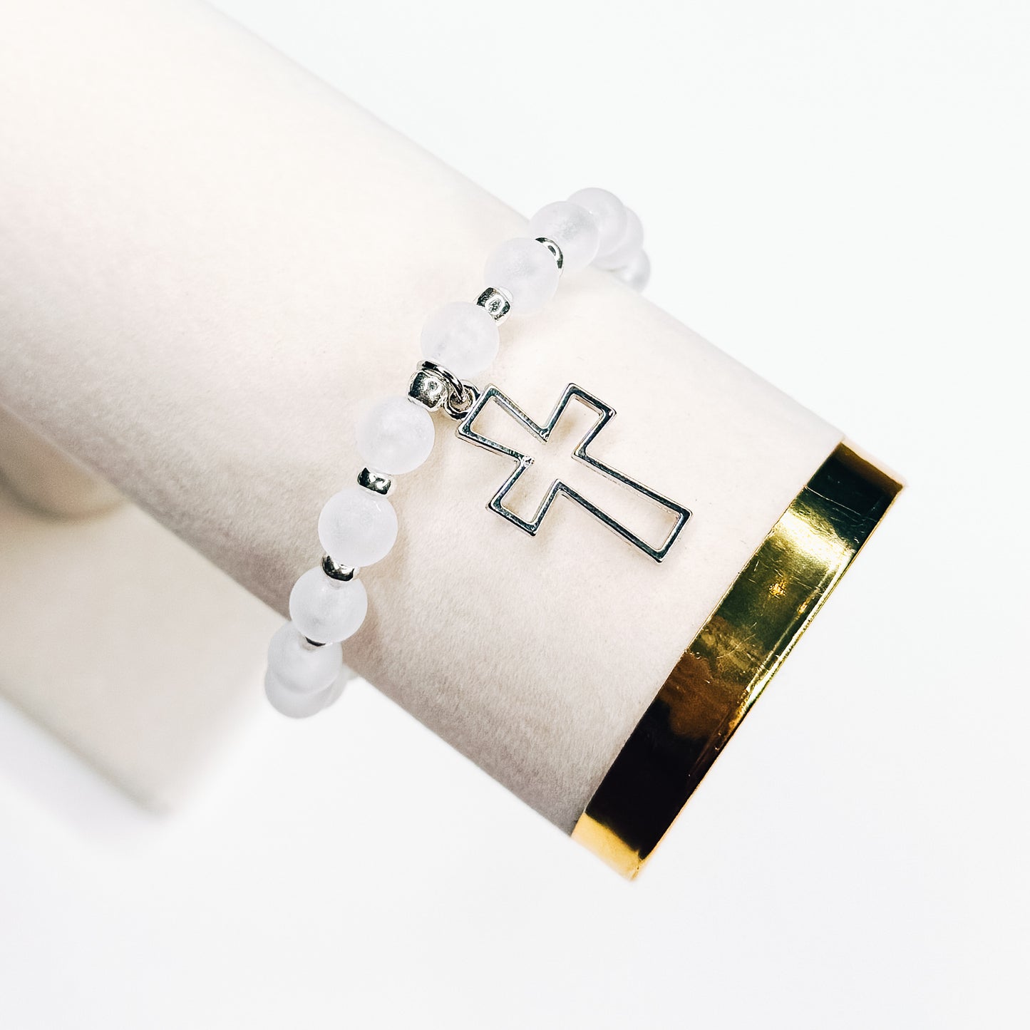 Frost White & Silver Open Cross Charm Bracelet