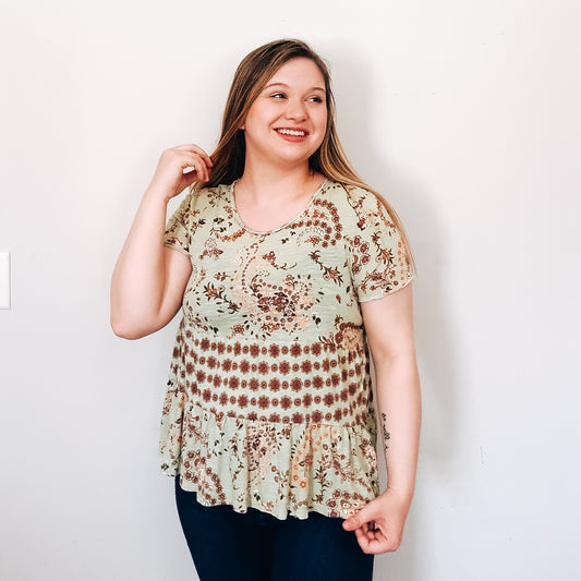 Green & Brown Floral Paisley Top (Size M)