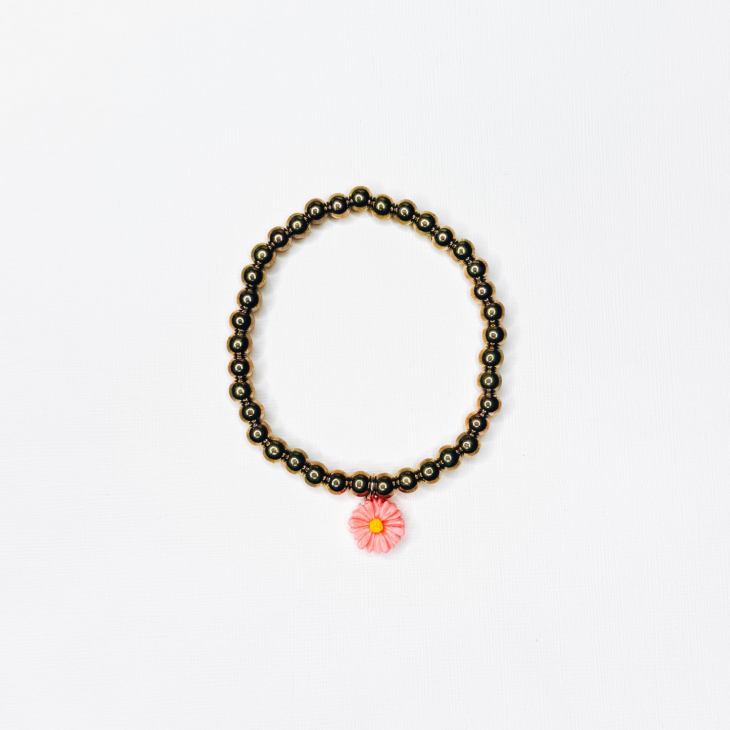 Pink Flower Charm Gold Beaded Bracelet