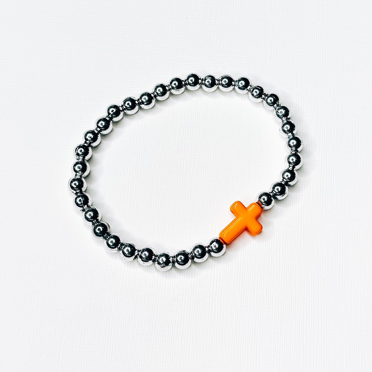 Orange Cross Silver Beaded Bracelet