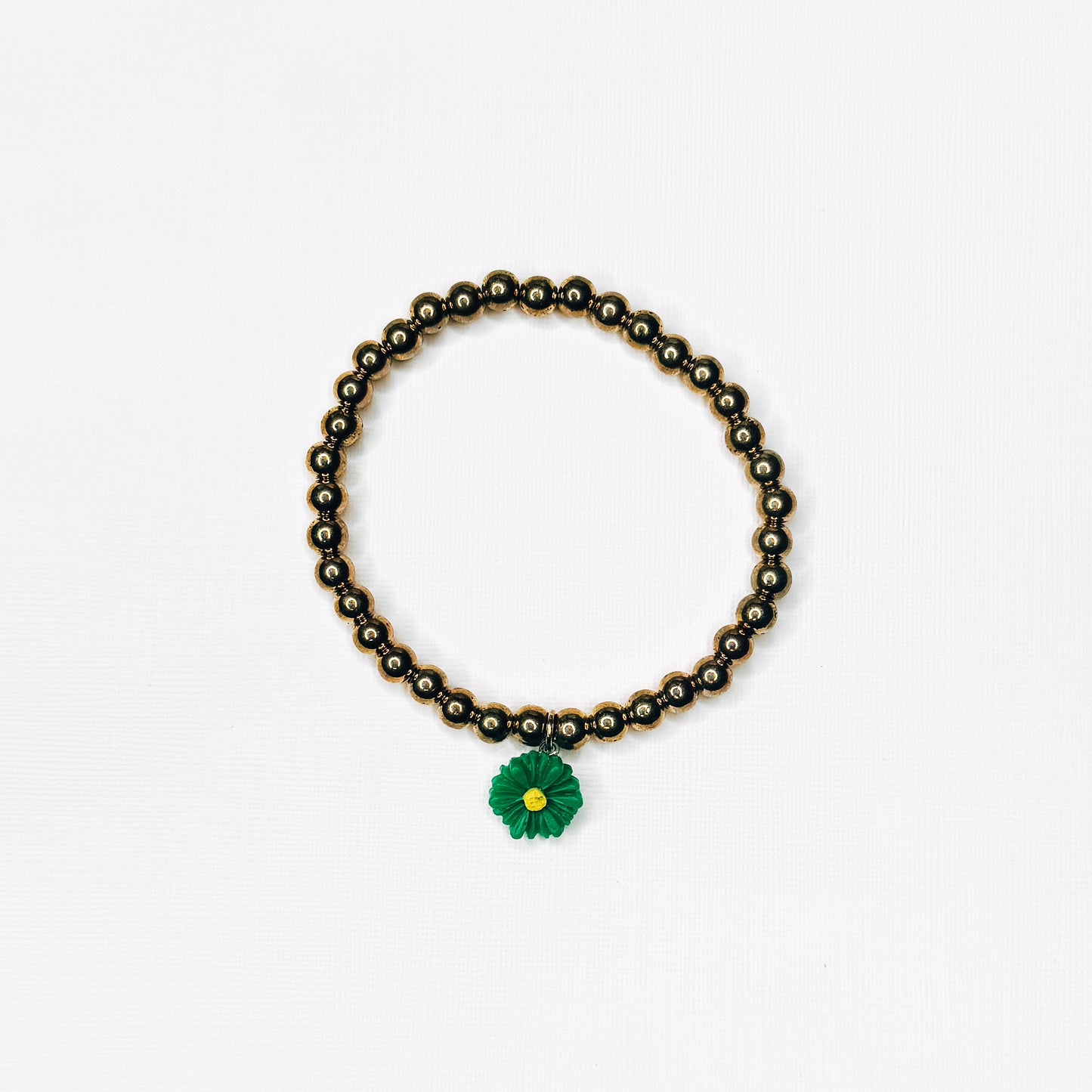 Green Flower Charm Gold Beaded Bracelet