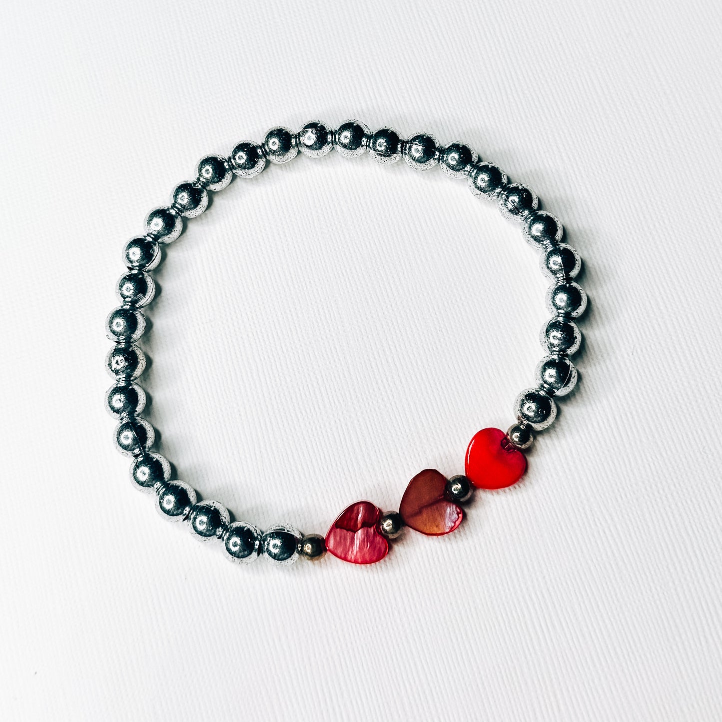 Silver Triple Red Stone Heart Bracelet