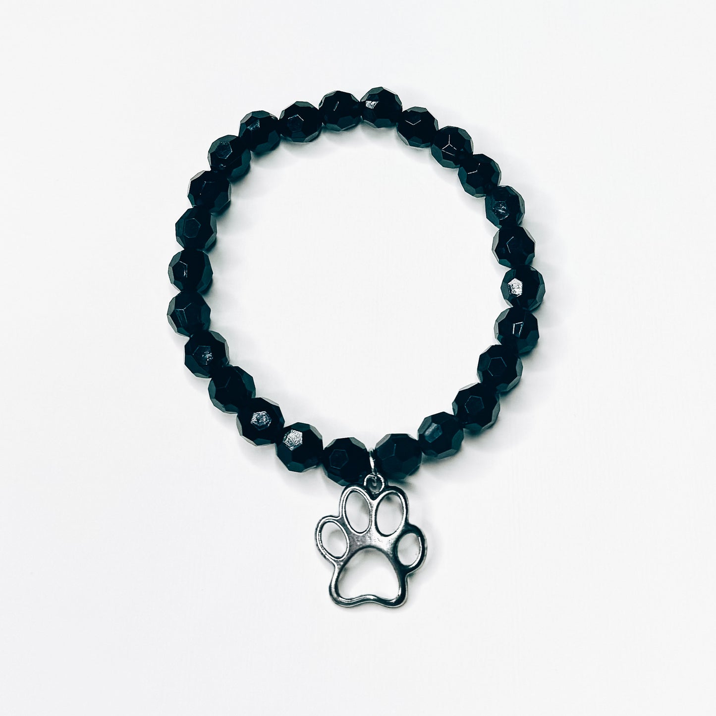 Large Silver Paw Charm Black Beaded Bracelet