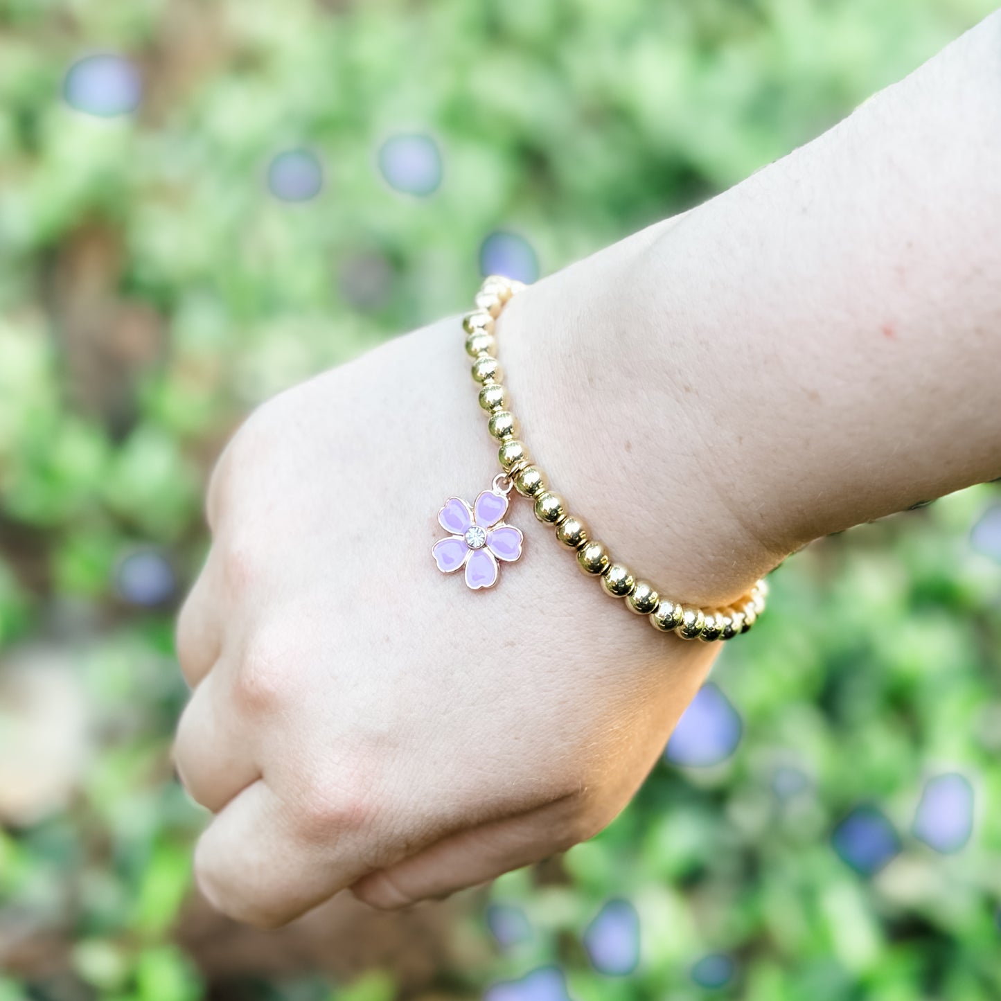 Purple & Gold Rhinestone Flower Charm Bracelet