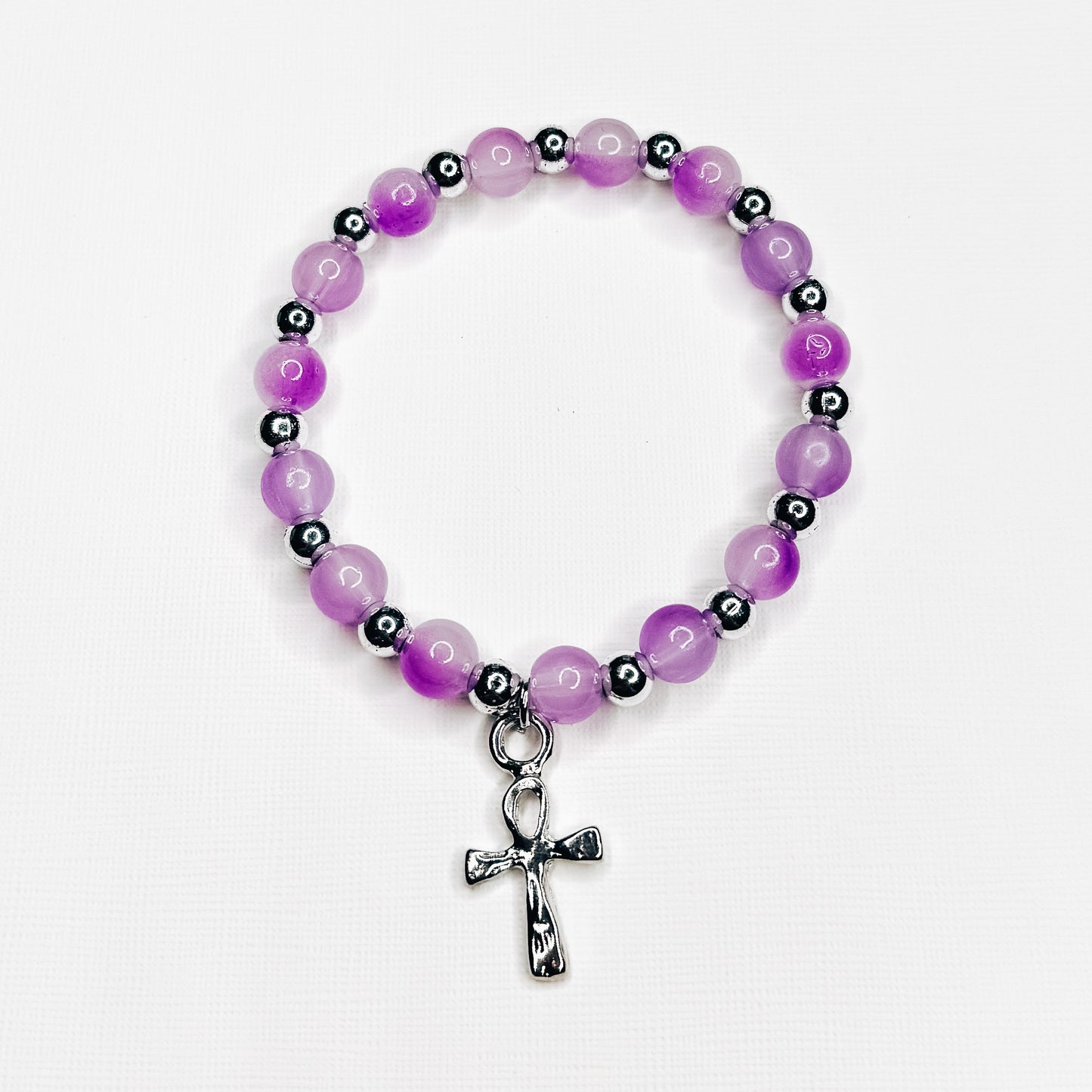 Silver & Purple Glass Beaded Hammered Cross Charm Bracelet