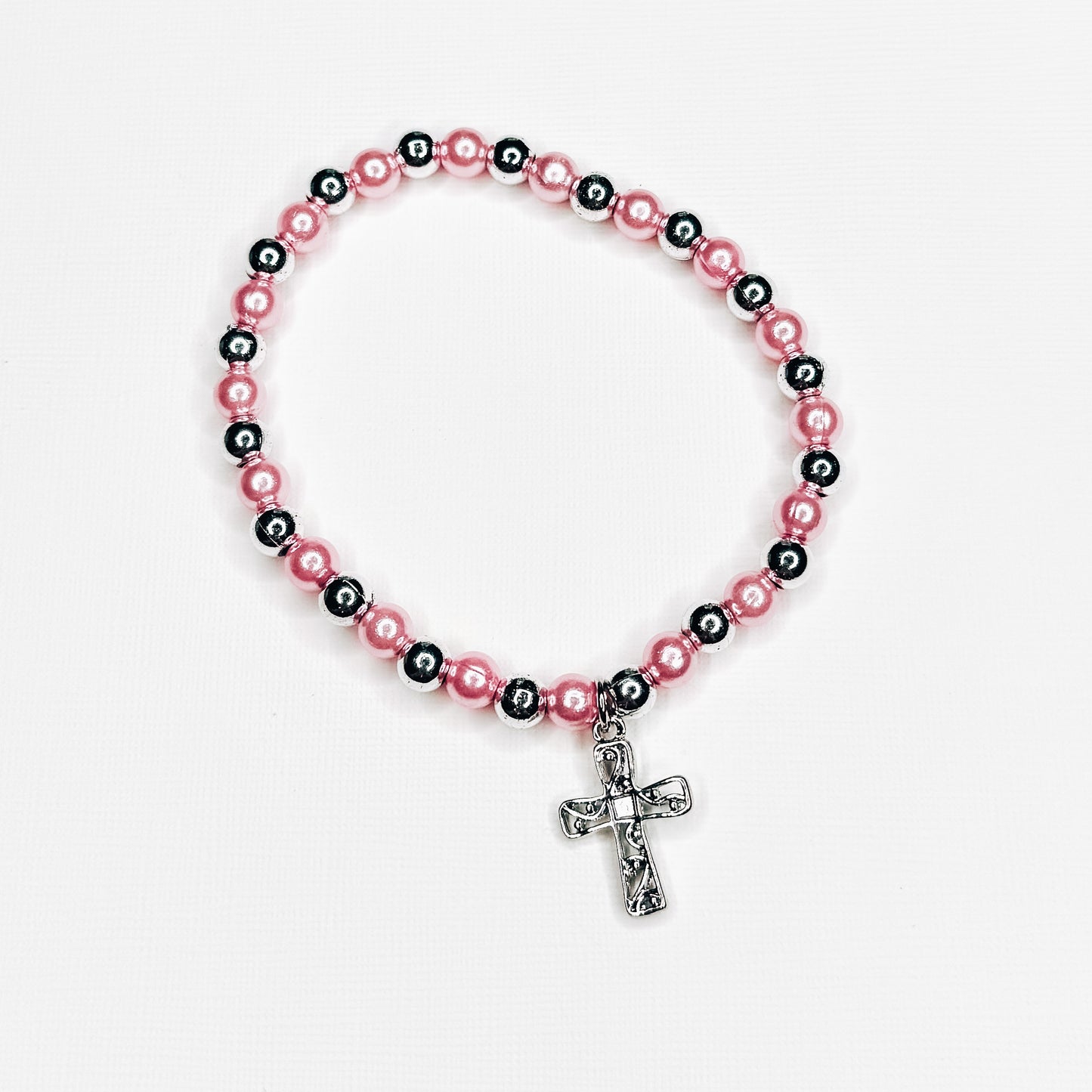 Silver & Pink Pearl Filigree Cross Charm Bracelet