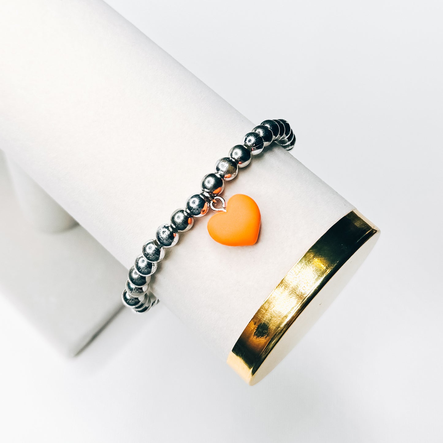 Silver & Orange Heart Charm Bracelet