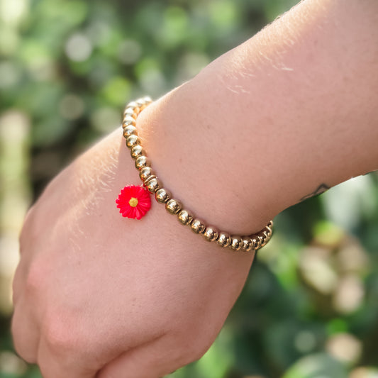 Red Flower Charm Gold Beaded Bracelet