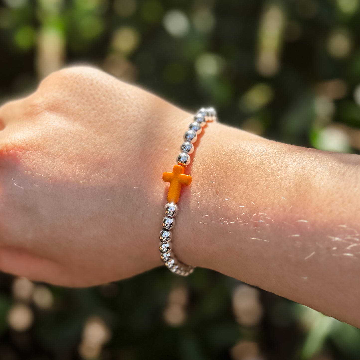 Orange Cross Silver Beaded Bracelet