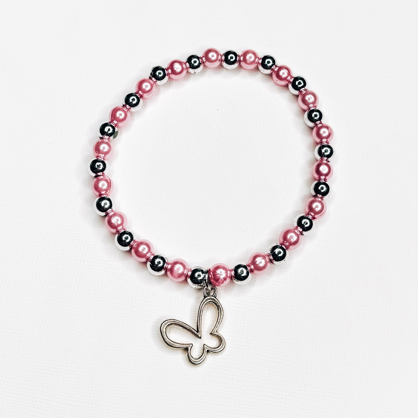 Silver & Pink Pearl Open Butterfly Charm Bracelet