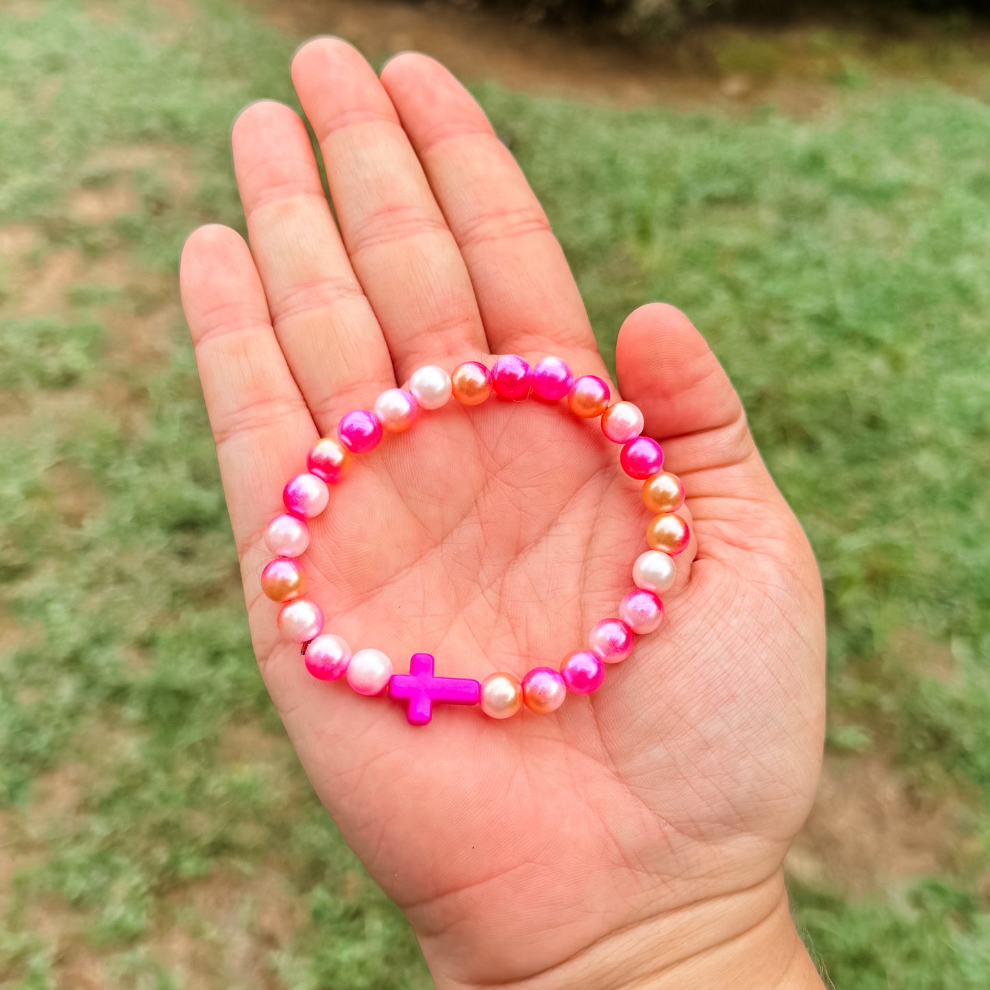 Pink Pearl Mix Cross Charm Bracelet